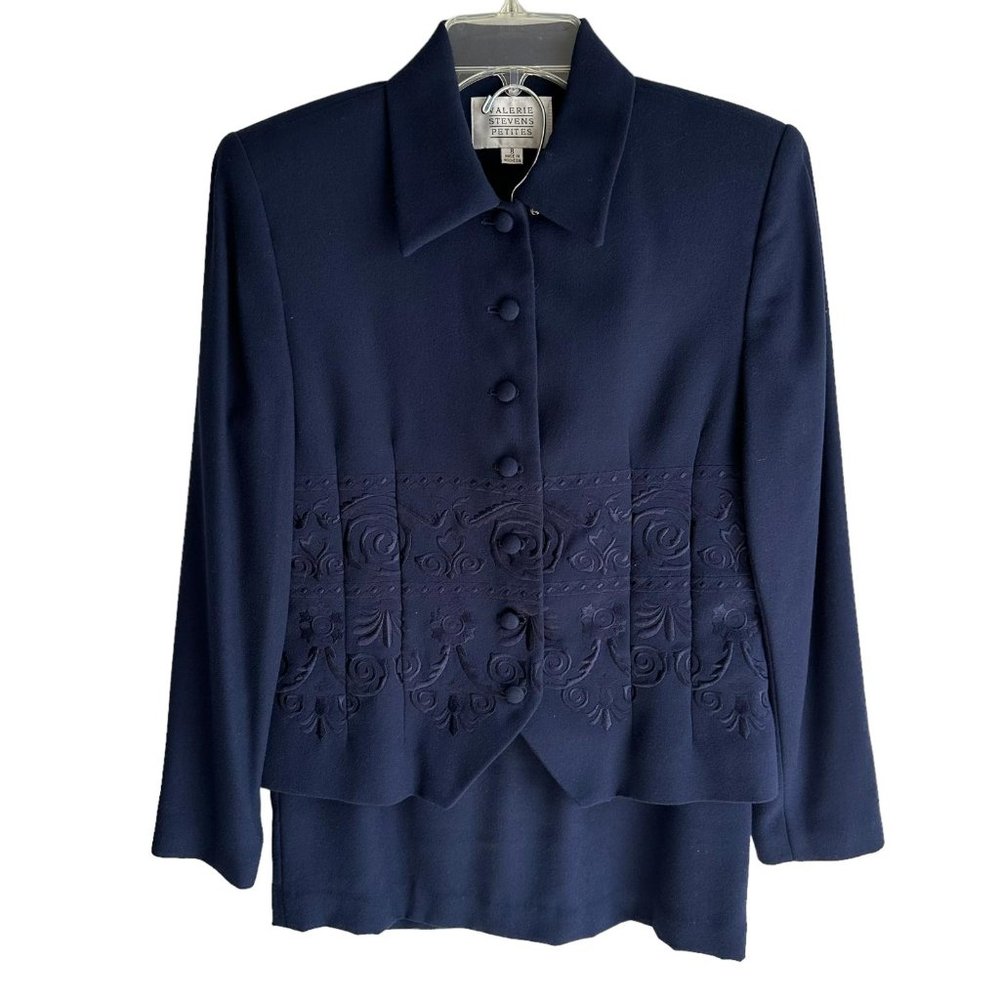 VALERIE STEVENS PETITES Navy‎ Blue Floral Ladies Career Formal Skirt Suit, 8P